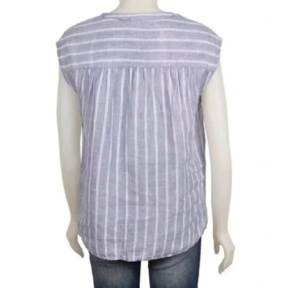 Lord & Taylor 100% Linen Striped Split Neck Top Blue White Small - Picture 5 of 7